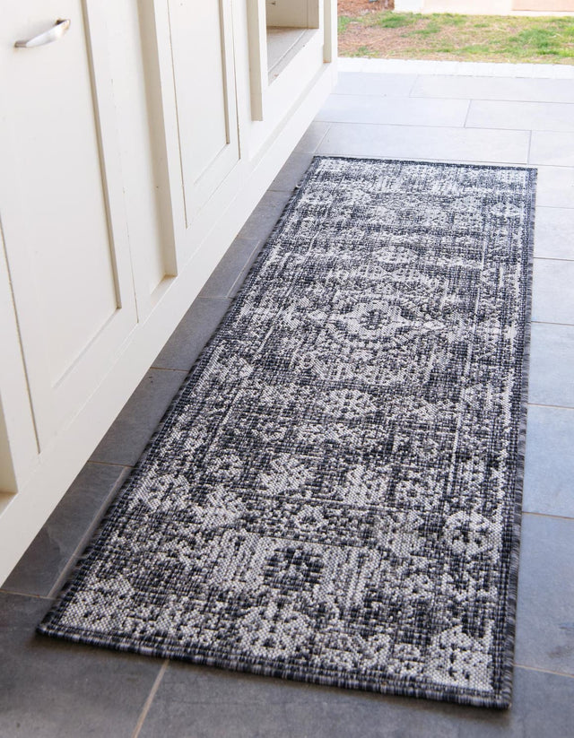 Charcoal Gray 2' x 6' 1 Outdoor Traditional Runner Area Rug Weather Resistant for Patio, Deck, Terrace, Balcony, Porch Classical Design Outside Carpet for Sale at Rug Engine