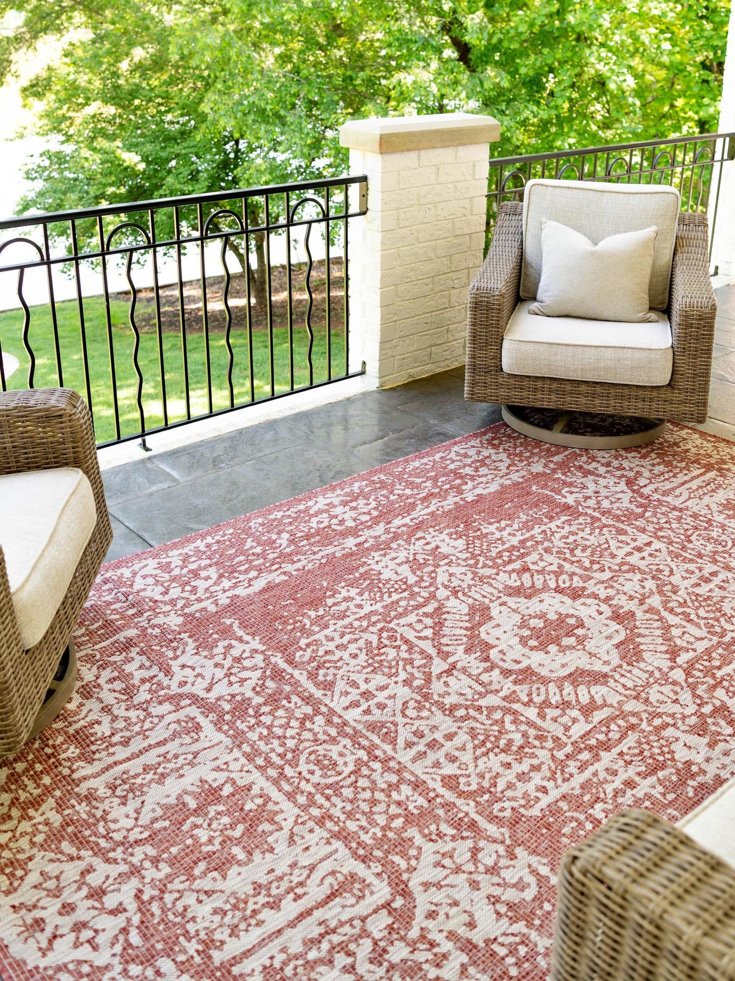 Rust Red 7' 10 x 11' Outdoor Traditional Rectangle Area Rug Weather Resistant for Patio, Deck, Terrace, Balcony, Porch Classical Design Outside Carpet for Sale at Rug Engine