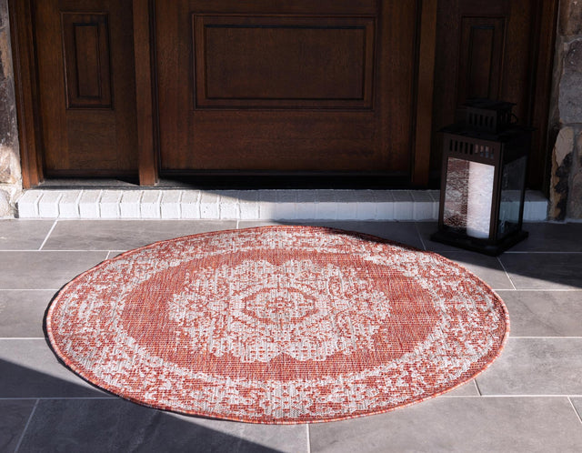 Rust Red 4' 1 x 4' 1 Outdoor Traditional Round Area Rug Weather Resistant for Patio, Deck, Terrace, Balcony, Porch Classical Design Outside Carpet for Sale at Rug Engine