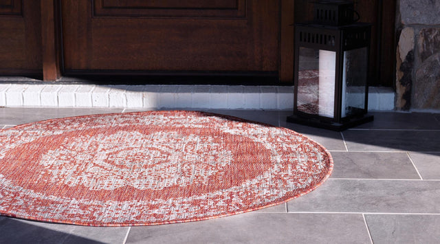 Rust Red 4' 1 x 4' 1 Outdoor Traditional Round Area Rug Weather Resistant for Patio, Deck, Terrace, Balcony, Porch Classical Design Outside Carpet for Sale at Rug Engine