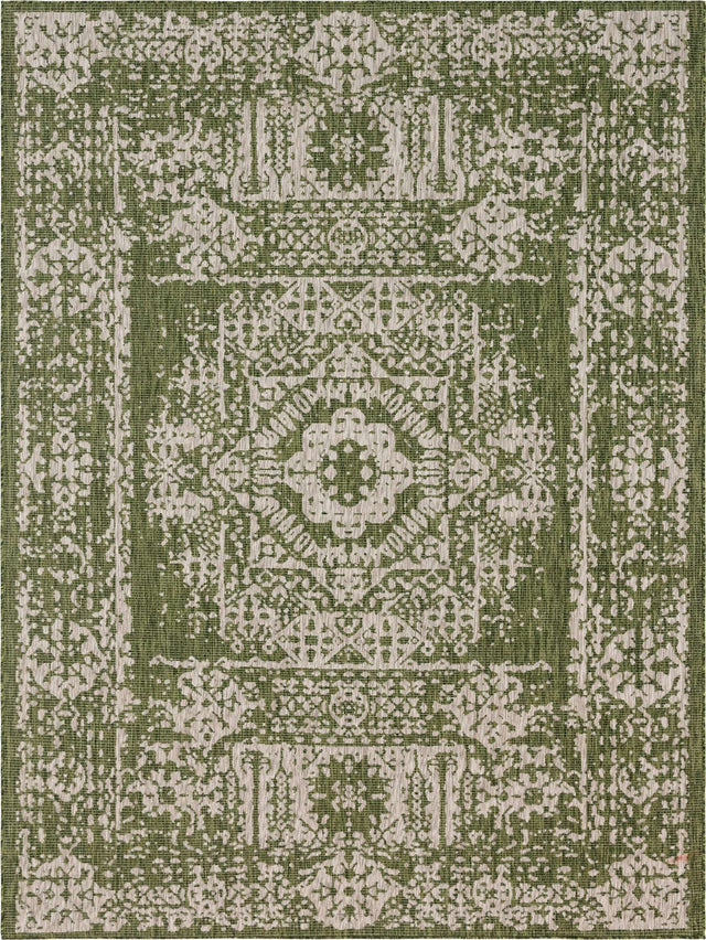 Green 9' x 12' Outdoor Traditional Rectangle Area Rug Weather Resistant for Patio, Deck, Terrace, Balcony, Porch Classical Design Outside Carpet for Sale at Rug Engine