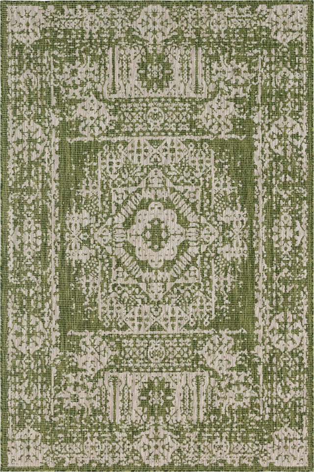 Green 6' 1 x 9' Outdoor Traditional Rectangle Area Rug Weather Resistant for Patio, Deck, Terrace, Balcony, Porch Classical Design Outside Carpet for Sale at Rug Engine
