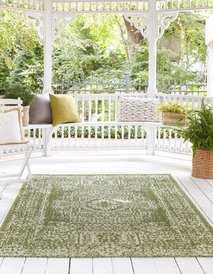 Green 6' 1 x 9' Outdoor Traditional Rectangle Area Rug Weather Resistant for Patio, Deck, Terrace, Balcony, Porch Classical Design Outside Carpet for Sale at Rug Engine