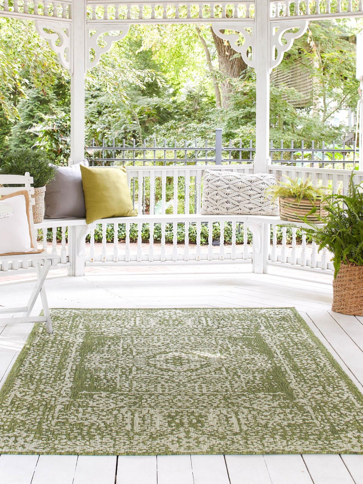Green 7' 1 x 10' Outdoor Traditional Rectangle Area Rug Weather Resistant for Patio, Deck, Terrace, Balcony, Porch Classical Design Outside Carpet for Sale at Rug Engine