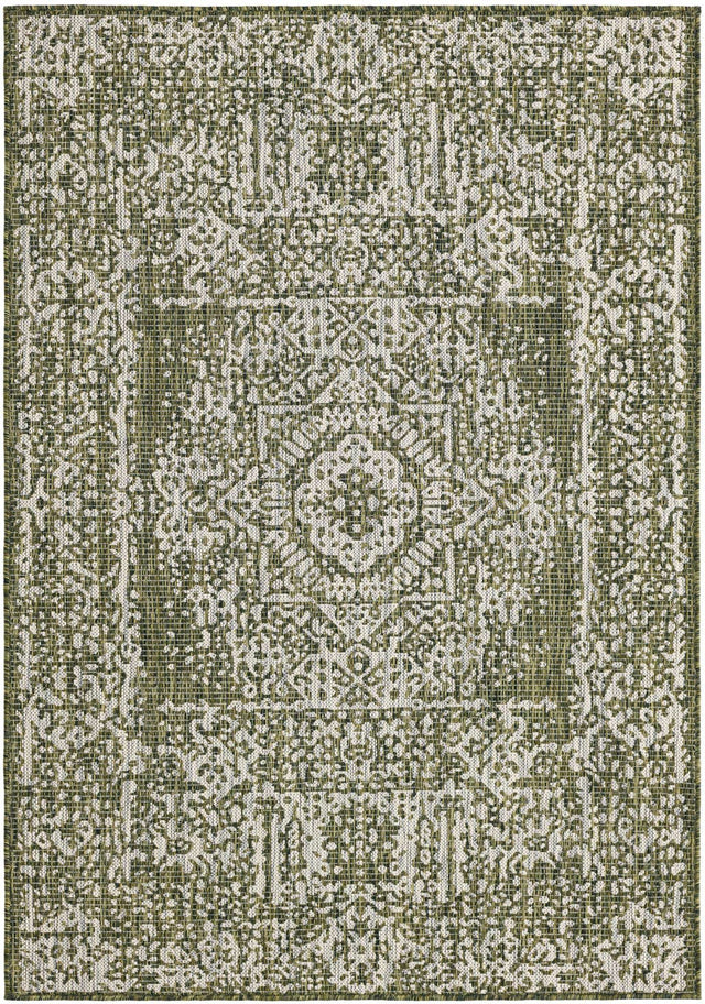 Green 4' 1 x 6' 1 Outdoor Traditional Rectangle Area Rug Weather Resistant for Patio, Deck, Terrace, Balcony, Porch Classical Design Outside Carpet for Sale at Rug Engine