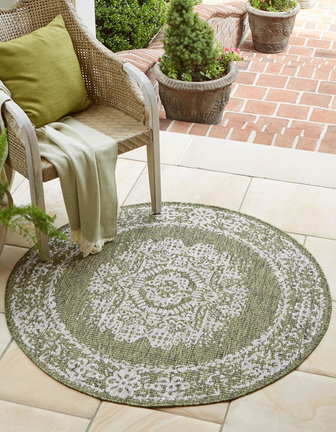 Green 12' x 12' Outdoor Traditional Round Area Rug Weather Resistant for Patio, Deck, Terrace, Balcony, Porch Classical Design Outside Carpet for Sale at Rug Engine