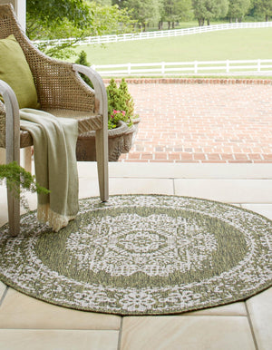 Green 5' 3 x 5' 3 Outdoor Traditional Round Area Rug Weather Resistant for Patio, Deck, Terrace, Balcony, Porch Classical Design Outside Carpet for Sale at Rug Engine