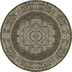 Green 4' 1 x 4' 1 Outdoor Traditional Round Area Rug Weather Resistant for Patio, Deck, Terrace, Balcony, Porch Classical Design Outside Carpet for Sale at Rug Engine
