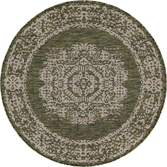 Green 4' 1 x 4' 1 Outdoor Traditional Round Area Rug Weather Resistant for Patio, Deck, Terrace, Balcony, Porch Classical Design Outside Carpet for Sale at Rug Engine