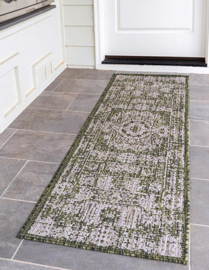 Green 2' x 6' 1 Outdoor Traditional Runner Area Rug Weather Resistant for Patio, Deck, Terrace, Balcony, Porch Classical Design Outside Carpet for Sale at Rug Engine