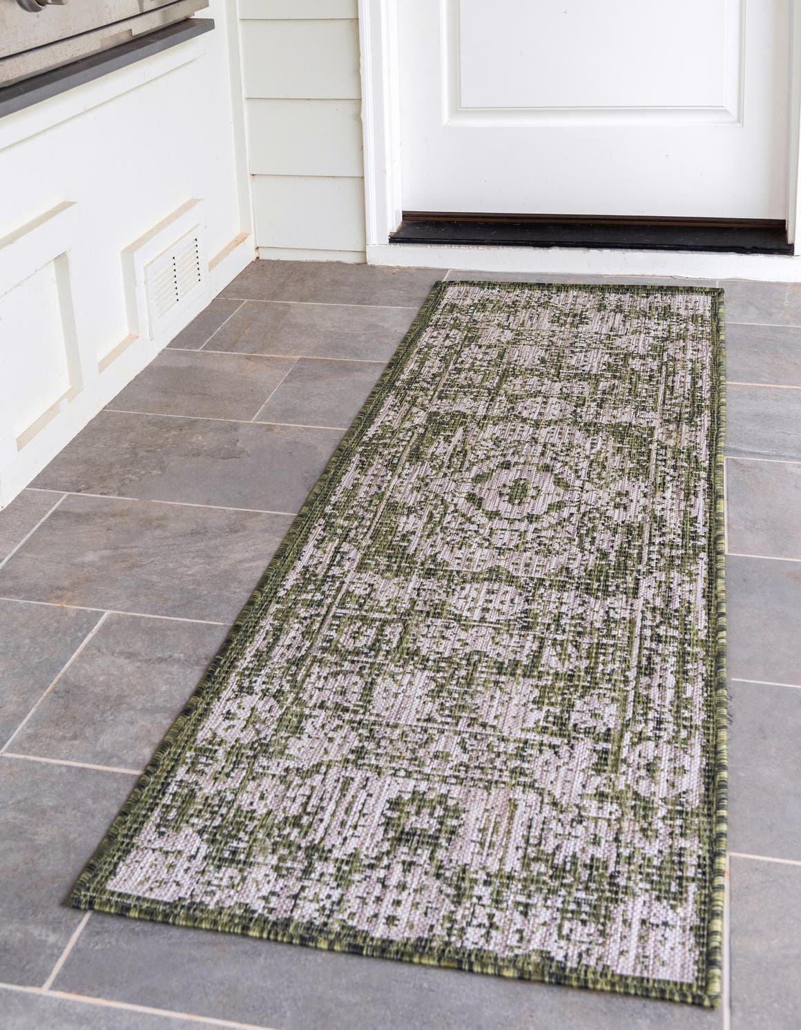 Green 2' 7 x 10' Outdoor Traditional Runner Area Rug Weather Resistant for Patio, Deck, Terrace, Balcony, Porch Classical Design Outside Carpet for Sale at Rug Engine
