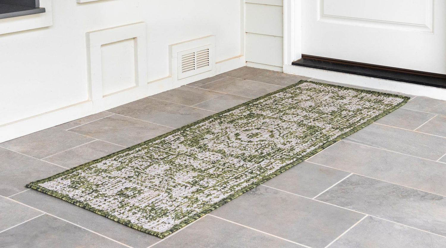 Green 2' 7 x 10' Outdoor Traditional Runner Area Rug Weather Resistant for Patio, Deck, Terrace, Balcony, Porch Classical Design Outside Carpet for Sale at Rug Engine
