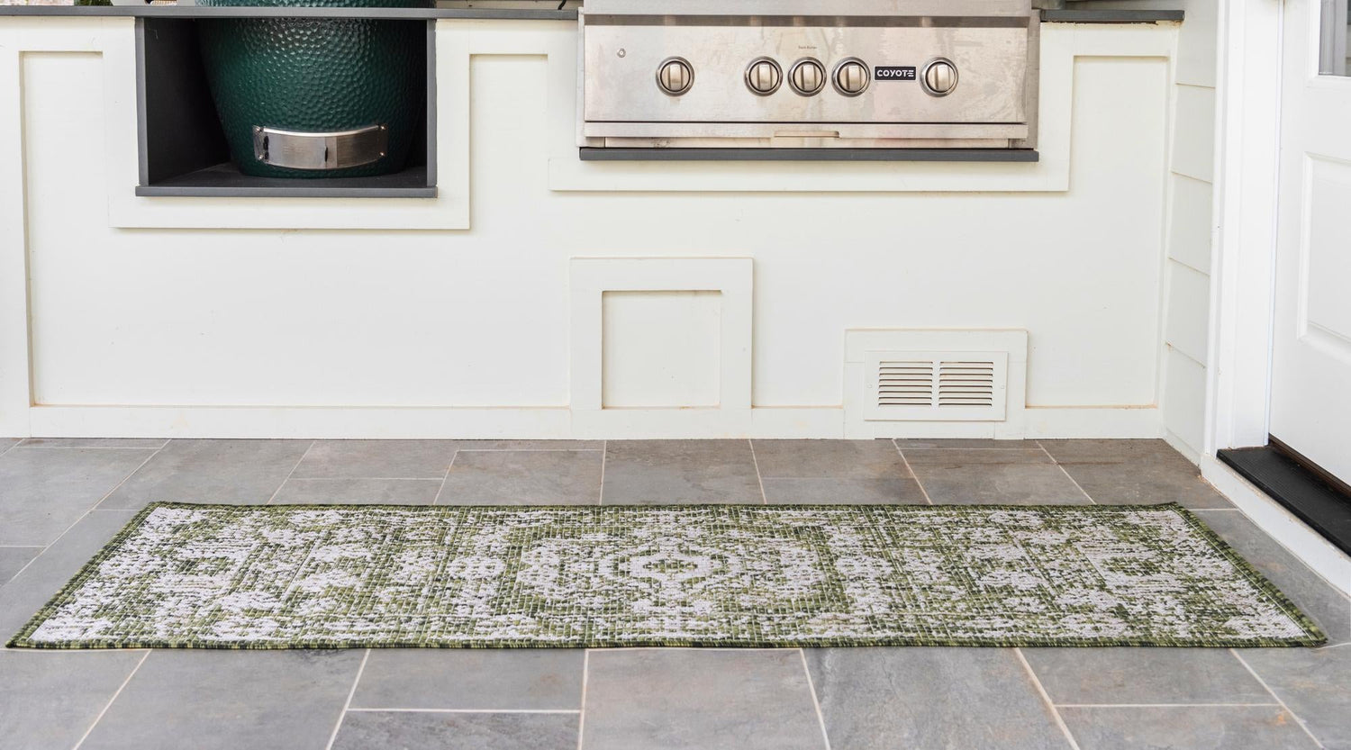 Green 2' x 6' 1 Outdoor Traditional Runner Area Rug Weather Resistant for Patio, Deck, Terrace, Balcony, Porch Classical Design Outside Carpet for Sale at Rug Engine