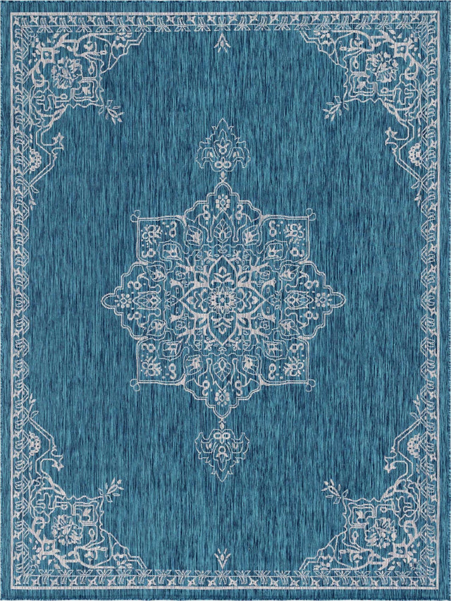Teal 9' x 12' Outdoor Traditional Rectangle Area Rug Weather Resistant for Patio, Deck, Terrace, Balcony, Porch Classical Design Outside Carpet for Sale at Rug Engine