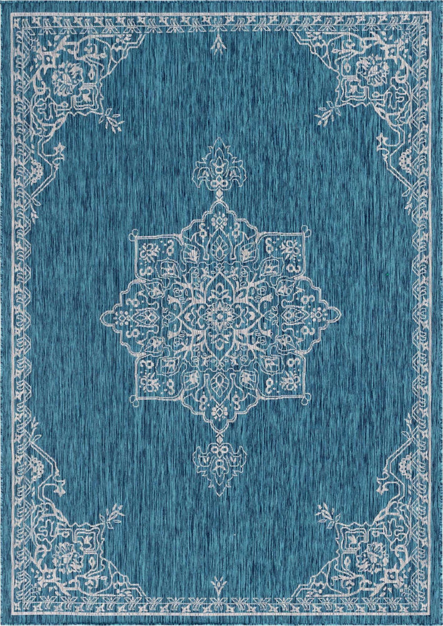 Teal 7' 10 x 11' Outdoor Traditional Rectangle Area Rug Weather Resistant for Patio, Deck, Terrace, Balcony, Porch Classical Design Outside Carpet for Sale at Rug Engine