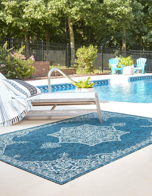 Teal 9' x 12' Outdoor Traditional Rectangle Area Rug Weather Resistant for Patio, Deck, Terrace, Balcony, Porch Classical Design Outside Carpet for Sale at Rug Engine