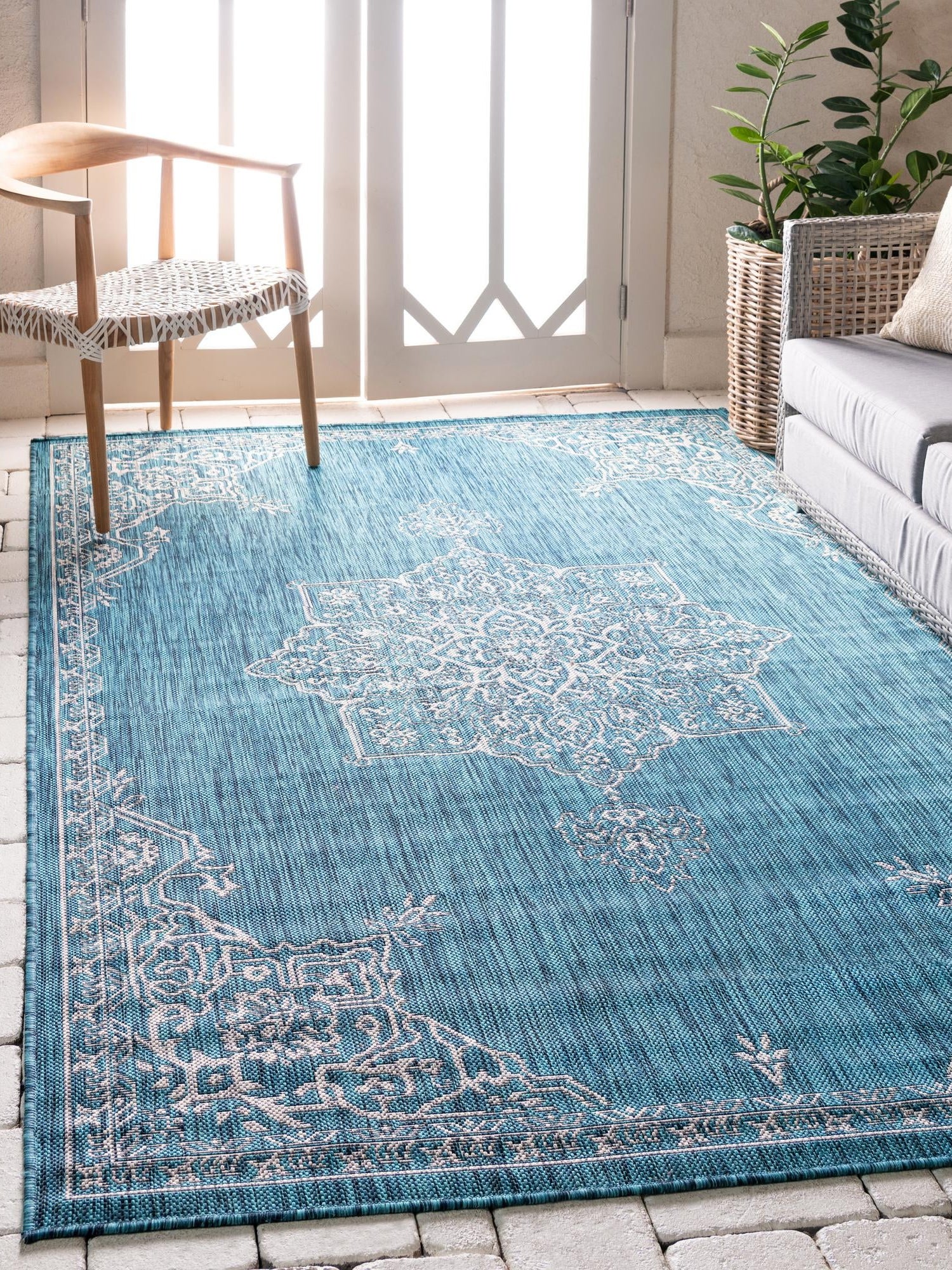 Teal 9' x 12' Outdoor Traditional Rectangle Area Rug Weather Resistant for Patio, Deck, Terrace, Balcony, Porch Classical Design Outside Carpet for Sale at Rug Engine