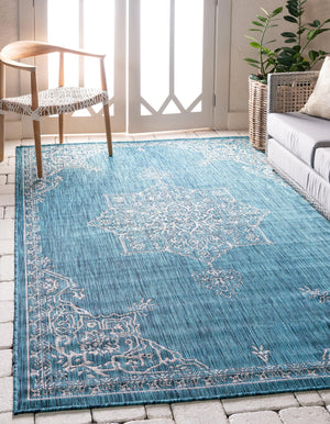 Teal 9' x 12' Outdoor Traditional Rectangle Area Rug Weather Resistant for Patio, Deck, Terrace, Balcony, Porch Classical Design Outside Carpet for Sale at Rug Engine