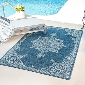 Teal 4' 1 x 6' 1 Outdoor Traditional Rectangle Area Rug Weather Resistant for Patio, Deck, Terrace, Balcony, Porch Classical Design Outside Carpet for Sale at Rug Engine