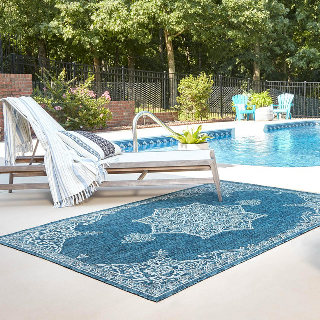 Teal 4' 1 x 6' 1 Outdoor Traditional Rectangle Area Rug Weather Resistant for Patio, Deck, Terrace, Balcony, Porch Classical Design Outside Carpet for Sale at Rug Engine