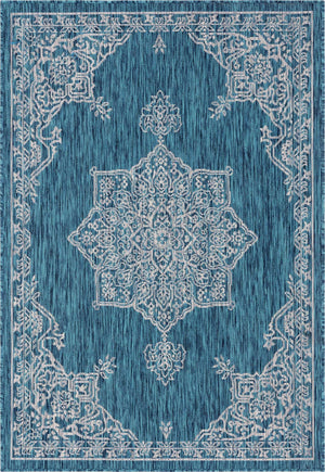 Teal 4' 1 x 6' 1 Outdoor Traditional Rectangle Area Rug Weather Resistant for Patio, Deck, Terrace, Balcony, Porch Classical Design Outside Carpet for Sale at Rug Engine