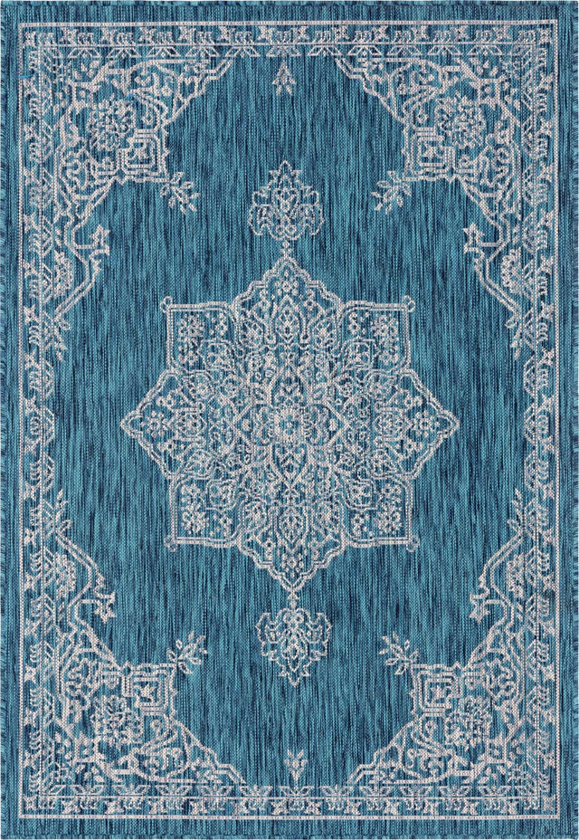 Teal 4' 1 x 6' 1 Outdoor Traditional Rectangle Area Rug Weather Resistant for Patio, Deck, Terrace, Balcony, Porch Classical Design Outside Carpet for Sale at Rug Engine