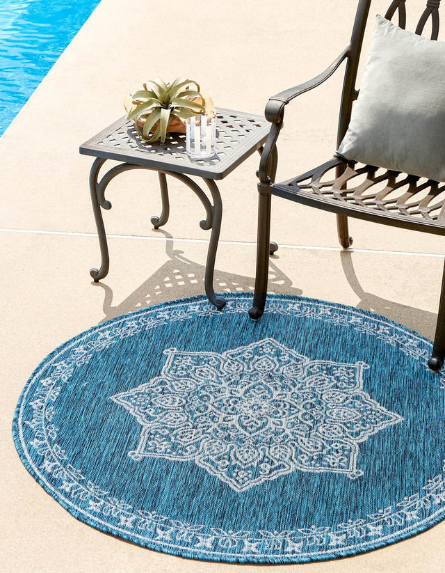 Teal 4' 1 x 4' 1 Outdoor Traditional Round Area Rug Weather Resistant for Patio, Deck, Terrace, Balcony, Porch Classical Design Outside Carpet for Sale at Rug Engine