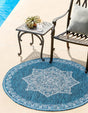 Teal 7' 10 x 7' 10 Outdoor Traditional Round Area Rug Weather Resistant for Patio, Deck, Terrace, Balcony, Porch Classical Design Outside Carpet for Sale at Rug Engine