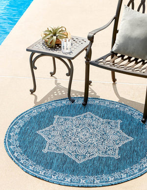Teal 5' 3 x 5' 3 Outdoor Traditional Round Area Rug Weather Resistant for Patio, Deck, Terrace, Balcony, Porch Classical Design Outside Carpet for Sale at Rug Engine