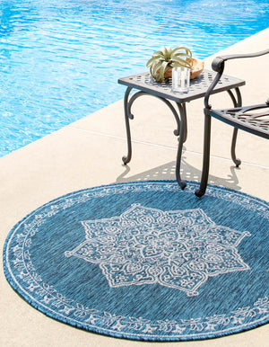 Teal 4' 1 x 4' 1 Outdoor Traditional Round Area Rug Weather Resistant for Patio, Deck, Terrace, Balcony, Porch Classical Design Outside Carpet for Sale at Rug Engine