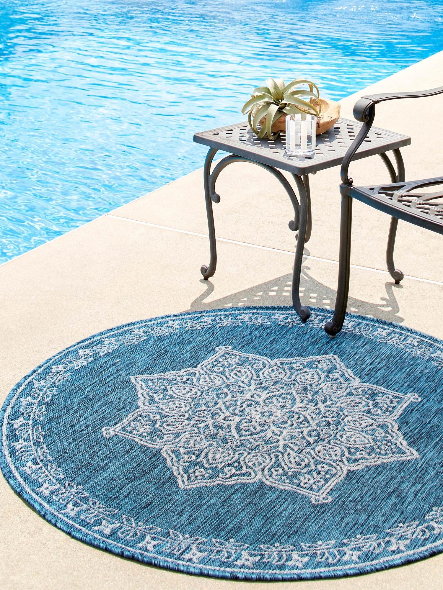 Teal 5' 3 x 5' 3 Outdoor Traditional Round Area Rug Weather Resistant for Patio, Deck, Terrace, Balcony, Porch Classical Design Outside Carpet for Sale at Rug Engine