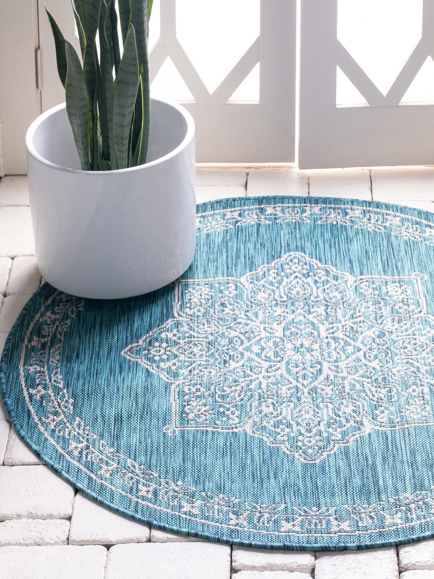 Teal 6' 1 x 6' 1 Outdoor Traditional Round Area Rug Weather Resistant for Patio, Deck, Terrace, Balcony, Porch Classical Design Outside Carpet for Sale at Rug Engine