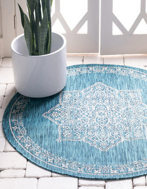 Teal 10' x 10' Outdoor Traditional Round Area Rug Weather Resistant for Patio, Deck, Terrace, Balcony, Porch Classical Design Outside Carpet for Sale at Rug Engine