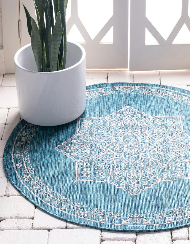 Teal 10' x 10' Outdoor Traditional Round Area Rug Weather Resistant for Patio, Deck, Terrace, Balcony, Porch Classical Design Outside Carpet for Sale at Rug Engine