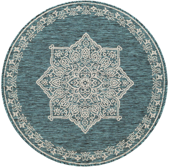 Teal 4' 1 x 4' 1 Outdoor Traditional Round Area Rug Weather Resistant for Patio, Deck, Terrace, Balcony, Porch Classical Design Outside Carpet for Sale at Rug Engine