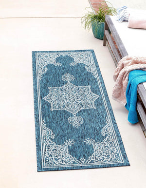 Teal 2' x 8' Outdoor Traditional Runner Area Rug Weather Resistant for Patio, Deck, Terrace, Balcony, Porch Classical Design Outside Carpet for Sale at Rug Engine