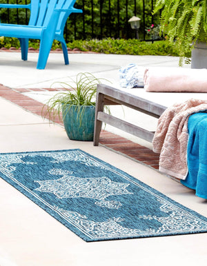 Teal 2' x 8' Outdoor Traditional Runner Area Rug Weather Resistant for Patio, Deck, Terrace, Balcony, Porch Classical Design Outside Carpet for Sale at Rug Engine