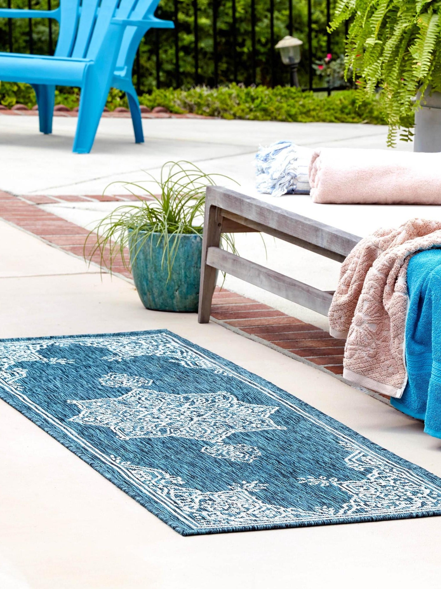 Teal 2' 7 x 10' Outdoor Traditional Runner Area Rug Weather Resistant for Patio, Deck, Terrace, Balcony, Porch Classical Design Outside Carpet for Sale at Rug Engine