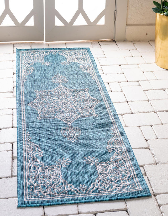 Teal 2' x 8' Outdoor Traditional Runner Area Rug Weather Resistant for Patio, Deck, Terrace, Balcony, Porch Classical Design Outside Carpet for Sale at Rug Engine