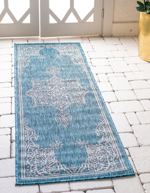 Teal 2' 7 x 10' Outdoor Traditional Runner Area Rug Weather Resistant for Patio, Deck, Terrace, Balcony, Porch Classical Design Outside Carpet for Sale at Rug Engine
