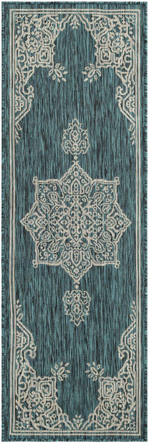 Teal 2' x 6' 1 Outdoor Traditional Runner Area Rug Weather Resistant for Patio, Deck, Terrace, Balcony, Porch Classical Design Outside Carpet for Sale at Rug Engine