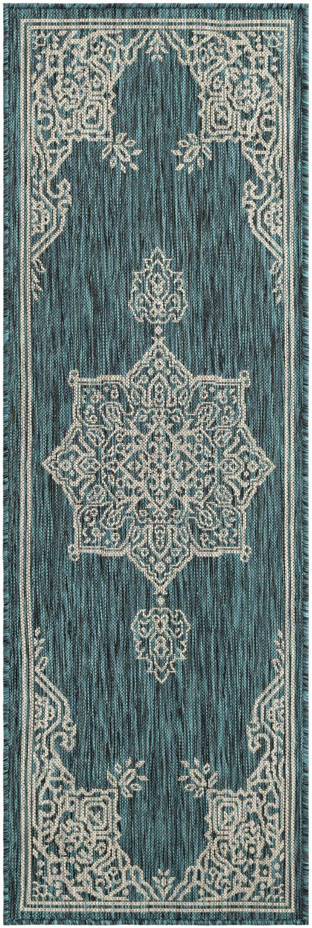 Teal 2' x 6' 1 Outdoor Traditional Runner Area Rug Weather Resistant for Patio, Deck, Terrace, Balcony, Porch Classical Design Outside Carpet for Sale at Rug Engine