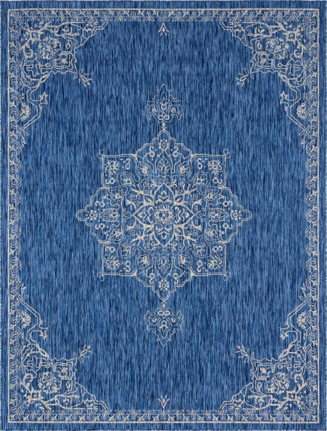 Blue 9' x 12' Outdoor Traditional Rectangle Area Rug Weather Resistant for Patio, Deck, Terrace, Balcony, Porch Classical Design Outside Carpet for Sale at Rug Engine