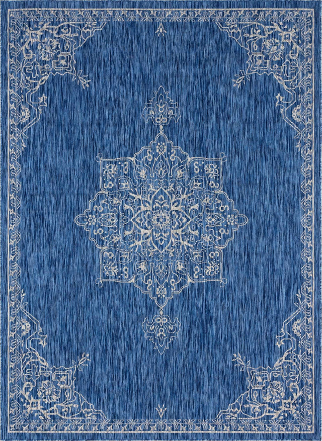 Blue 7' 10 x 11' Outdoor Traditional Rectangle Area Rug Weather Resistant for Patio, Deck, Terrace, Balcony, Porch Classical Design Outside Carpet for Sale at Rug Engine