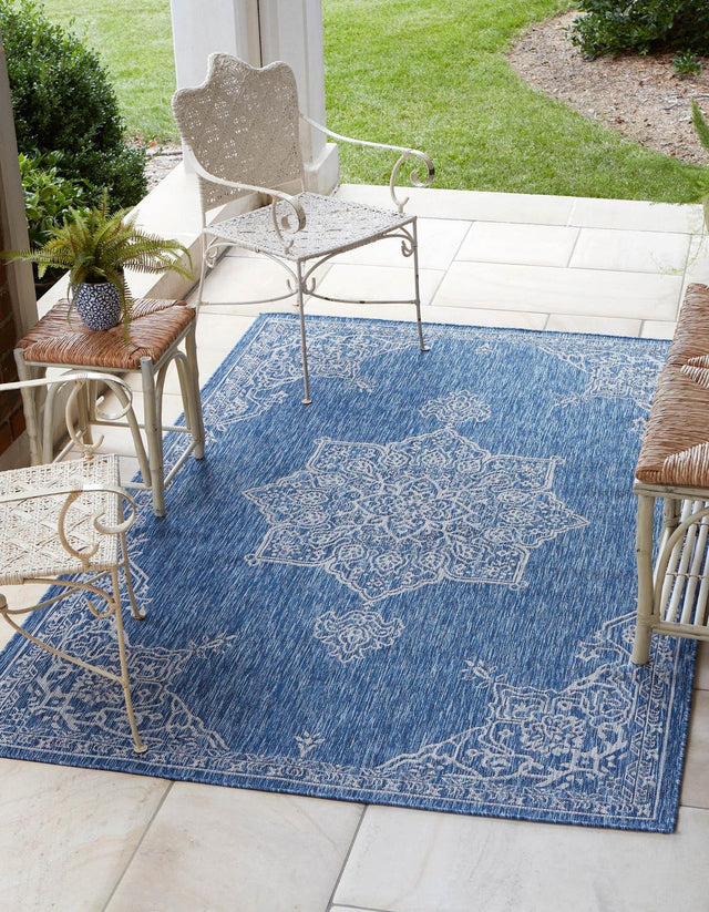 Blue 5' 3 x 8' Outdoor Traditional Rectangle Area Rug Weather Resistant for Patio, Deck, Terrace, Balcony, Porch Classical Design Outside Carpet for Sale at Rug Engine