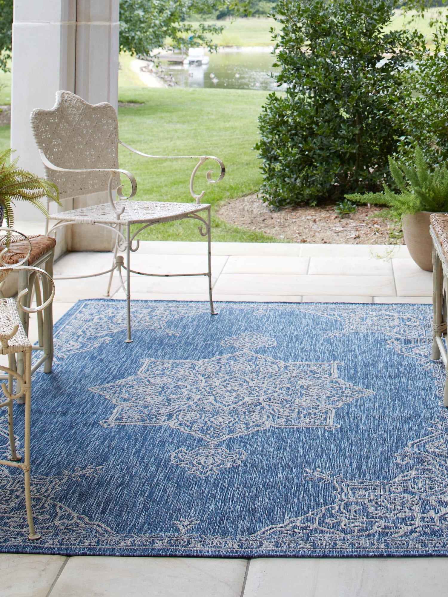 Blue 10' x 14' 1 Outdoor Traditional Rectangle Area Rug Weather Resistant for Patio, Deck, Terrace, Balcony, Porch Classical Design Outside Carpet for Sale at Rug Engine