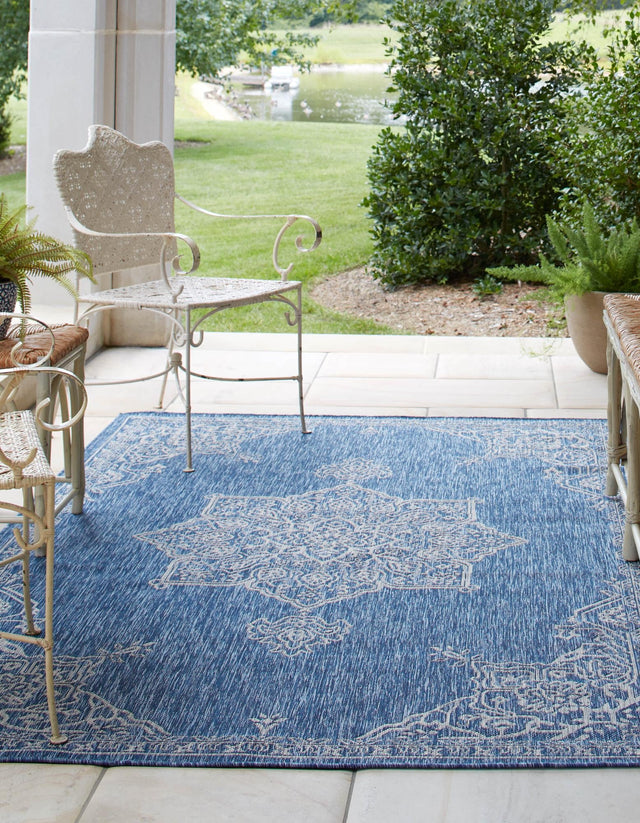 Blue 5' 3 x 8' Outdoor Traditional Rectangle Area Rug Weather Resistant for Patio, Deck, Terrace, Balcony, Porch Classical Design Outside Carpet for Sale at Rug Engine