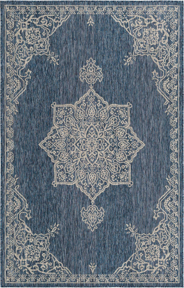 Blue 5' 3 x 8' Outdoor Traditional Rectangle Area Rug Weather Resistant for Patio, Deck, Terrace, Balcony, Porch Classical Design Outside Carpet for Sale at Rug Engine