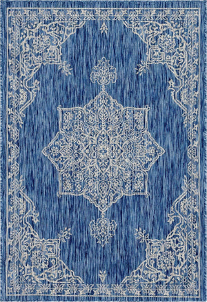 Blue 4' 1 x 6' 1 Outdoor Traditional Rectangle Area Rug Weather Resistant for Patio, Deck, Terrace, Balcony, Porch Classical Design Outside Carpet for Sale at Rug Engine