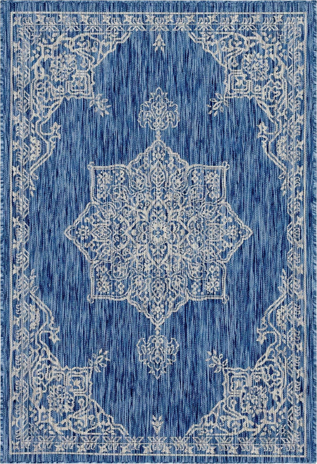 Blue 4' 1 x 6' 1 Outdoor Traditional Rectangle Area Rug Weather Resistant for Patio, Deck, Terrace, Balcony, Porch Classical Design Outside Carpet for Sale at Rug Engine